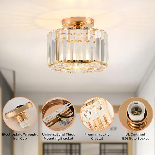 Vista 3 de Lámpara de techo de cristal, lámpara de techo semiempotrada de cristal dorado para dormitorio, cocina, pasillo, entrada, balcón, comedor, sala