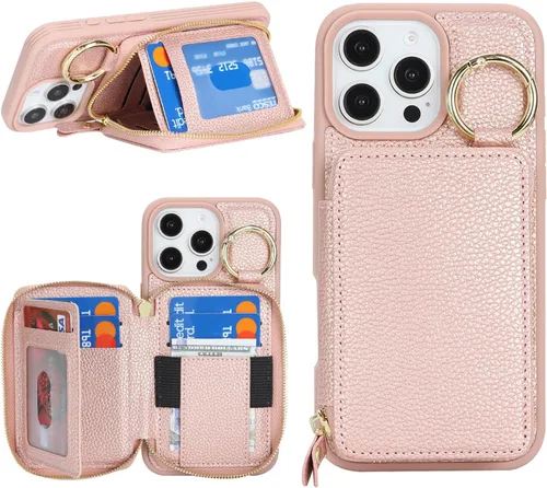 Vista 25 de Funda compatible con iPhone Air Wallet con tarjetero para iPhone Air, funda con cremallera y ranura para mujer, 5G de 6.5 pulgadas, color oro rosa