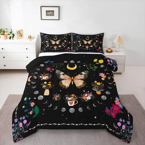 Vista 20 de Juego de edredón de polilla de la muerte, juego de ropa de cama tamaño individual, diseño de calavera gótica, flores botánicas, juego de edredón
