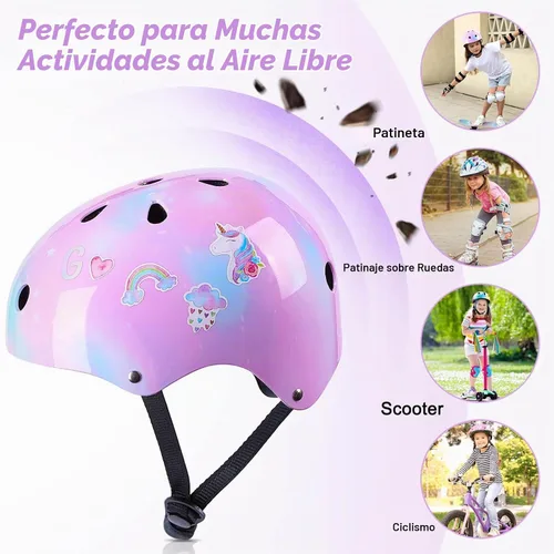 Vista 7 de Casco para niños, casco de bicicleta para niños pequeños con pegatinas DIY Unicornio, rodilleras y coderas ajustables, juego de protección para Rosa
