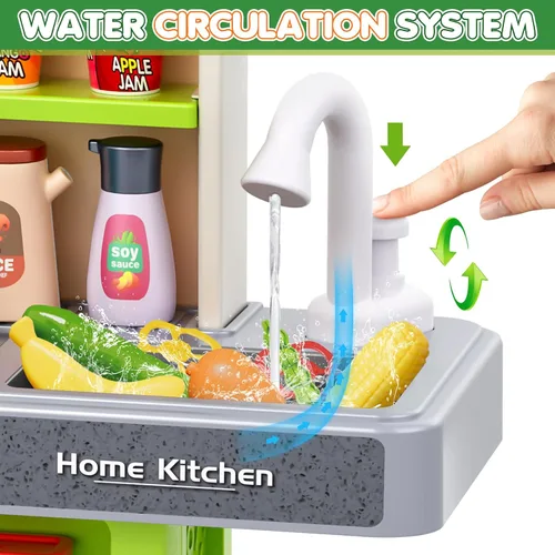 Vista 6 de Juego de cocina para niños, juego de cocina para niños pequeños con sonido y luz, estufa de cocina con vapor, fregadero de juegos, juguete de comida