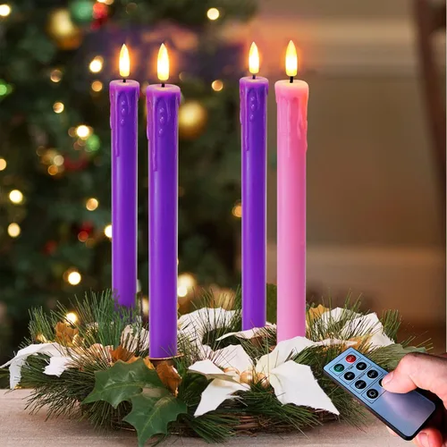 Vista 7 de Juego de 4 Luces de Velas LED de Navidad, Velas Cónicas que Funcionan con Batería para Corona de Adviento, 3 Moradas 1 Rosa Velas de Cera Sin Llama