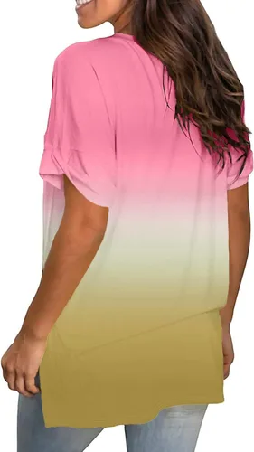 Vista 4 de Camisetas básicas de verano para mujer, con bloques de color, lindas camisetas con estampado degradado, cuello en V, manga corta, con abertura