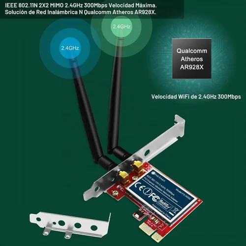 Vista 2 de Adaptador de red inalámbrico N 2.4GHz 300Mbps PCIE para Windows 11, 10, 8.1, 8, 7, XP (32/64bit), Windows Server y Linux PCs, tarjeta WiFi PCIE