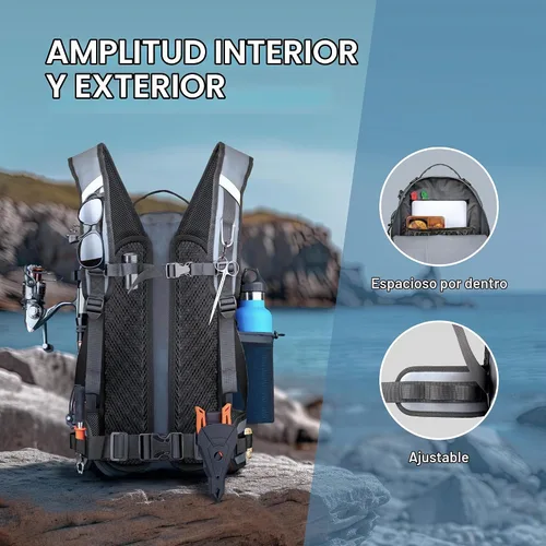 Vista 6 de Xelfly - Mochila de pesca impermeable con soporte para caña, válvula de aire inflable, correas acolchadas para la cintura y bucles para engranajes