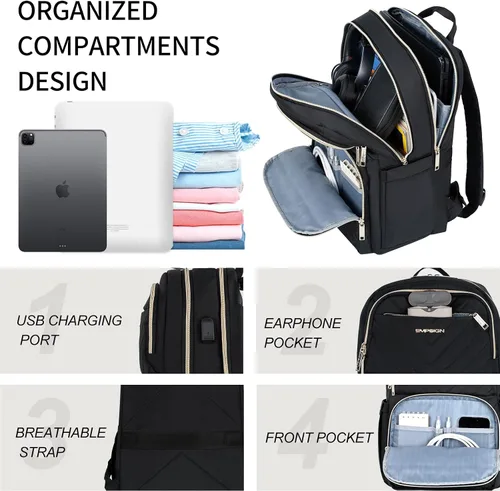 Vista 4 de EMPSIGN Mochila Bolso para Laptop para Mujeres y Hombres con Puerto de Carga USB, Mochila de Viaje Resistente al Agua Acolchada de 15.6 Pulgadas