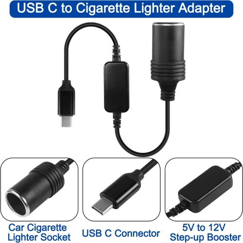 Vista 2 de Cable de alimentación USB C a encendedor de cigarrillos, cable de alimentación USB C macho a 12 V, cable convertidor hembra para grabadora