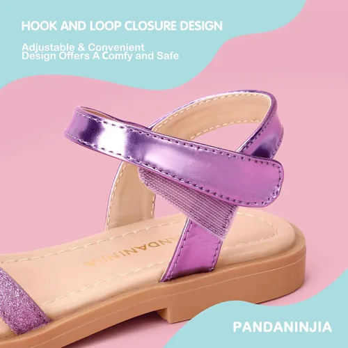 Vista 5 de PANDANINJIA Sandalias para niñas, puntera abierta, bonitos zapatos planos de princesa para niñas, zapatos de vestir brillantes de verano para bebés