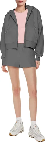 Vista 4 de PUWEI Chaqueta corta con capucha y cordón para mujer, casual, con cremallera, con bolsillos