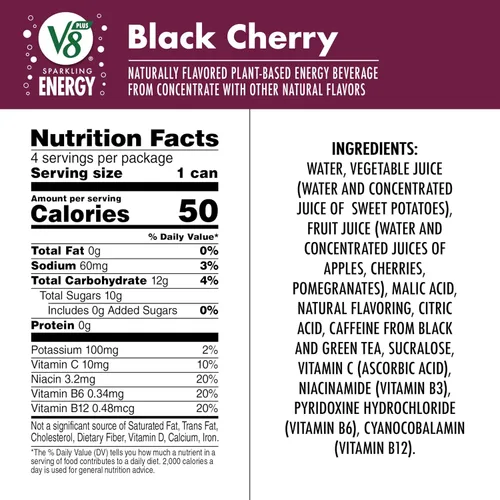 Vista 2 de V8 +ENERGY Bebida Energética de Cereza Negra, lata de 11.5 fl oz (paquete de 4)