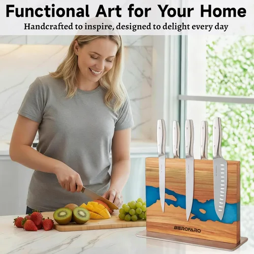 Vista 6 de Bloque magnético para cuchillos con base de acero, soporte para cuchillos de doble cara hecho de madera de acacia para cuchillos de chef, moderno