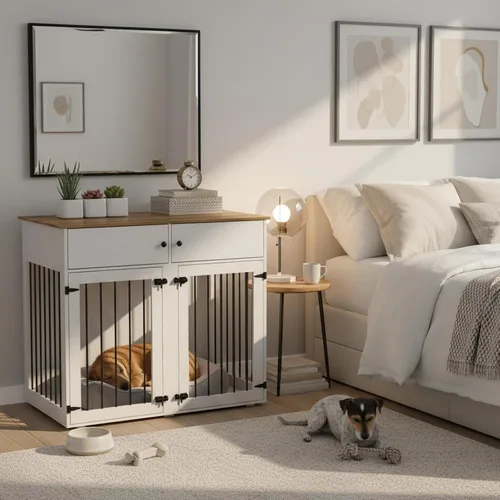 Vista 7 de Perrera de madera para perros de 41 pulgadas, muebles para perros con muebles estilo jaulas y mesa para perros medianos, divisor extraíble, puertas