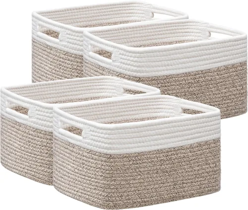Vista 14 de Paquete de 4 cestas de almacenamiento para organizar, cestas tejidas para estantes, color beige
