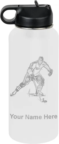 Vista 12 de LaserGram Botella de agua personalizada, jugador de hockey, acero inoxidable de doble pared aislada al vacío con popote superior, regalo grabado