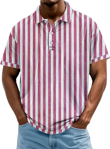 Vista 13 de Camisa polo de manga corta para hombre, camiseta de golf a rayas, de manga corta, para vacaciones, casual, cuello en V, camiseta de verano