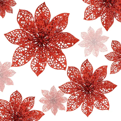 Vista 8 de Wironlst 24 piezas de flores de pascua con purpurina para árbol de Navidad, arbustos de nochebuena brillantes, decoraciones de Navidad para Navidad