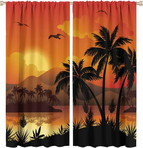 Vista 13 de Cortinas de playa con estampado de plantas tropicales y árboles de coco, paisaje natural, con bolsillo para barra, 2 paneles, decoración