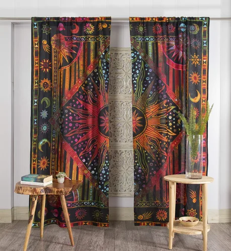 Vista 9 de Popular Handicrafts – Cortinas de ventana con diseño de mandala hippie indio, estilo bohemio, sol ardiente, luna gitana, hermosas cortinas