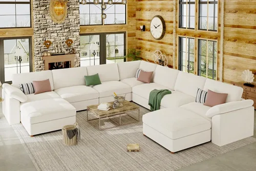 Vista 75 de EASE MOOSE Sofá modular verde seccional de gran tamaño en forma de L Pana verde