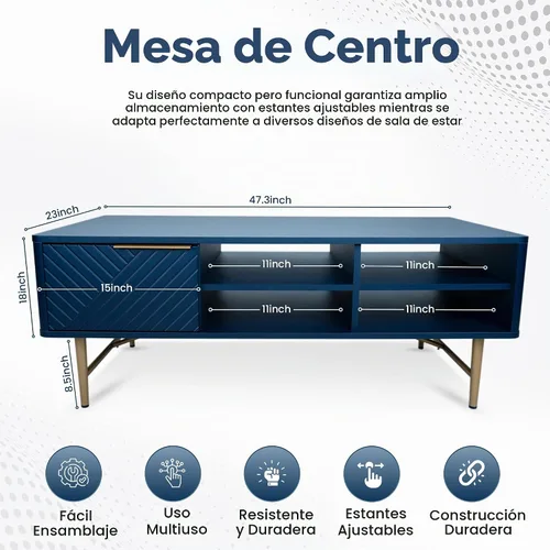 Vista 2 de Mesa de centro moderna con almacenamiento, acabado mate azul oscuro con patas doradas, mesa de centro cuadrada para sala de estar y granja