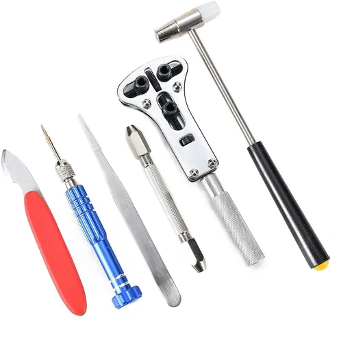 Vista 6 de Kit de herramientas de reparación de relojes profesional, kit de herramientas de relojero, incluye soporte para caja trasera, abridor, removedor