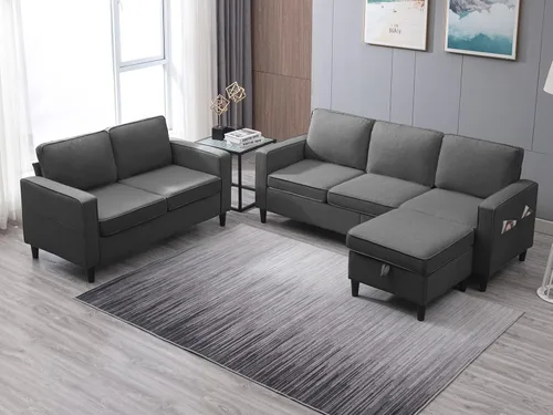 Vista 8 de PUREMIND Juego de sofá de 2 piezas para sala de estar, moderno sofá en forma de L y sofá biplaza con otomana de almacenamiento y bolsillo lateral