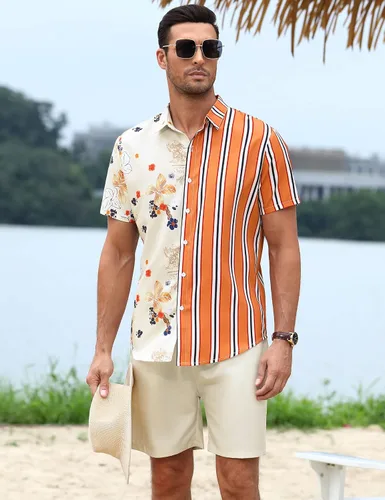Vista 2 de TURETRENDY Conjunto de 2 piezas de lino para hombre, camisa con botones y pantalones cortos