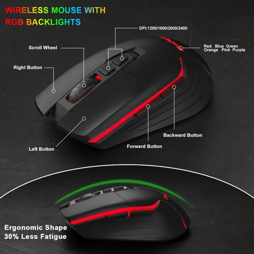 Vista 6 de Teclado y mouse inalámbricos para juegos, teclado inalámbrico recargable con retroiluminación arcoíris y mouse ergonómico con iluminación