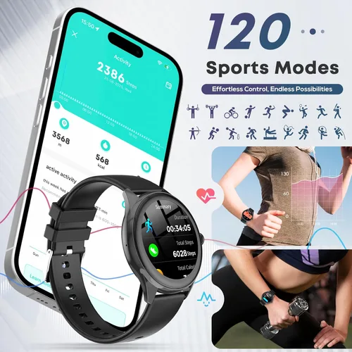 Vista 4 de Reloj inteligente para hombre, pantalla táctil HD de 1.39 pulgadas con 120 modos deportivos, Alexa integrado, monitor de frecuencia cardíaca/sueño