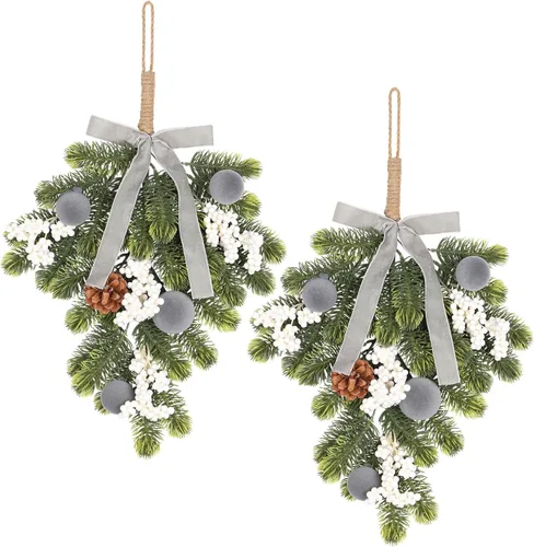 Vista 12 de Super Holiday - Decoraciones de Navidad, 2 piezas de coronas de puerta delantera de plantas verdes artificiales colgantes con lazo