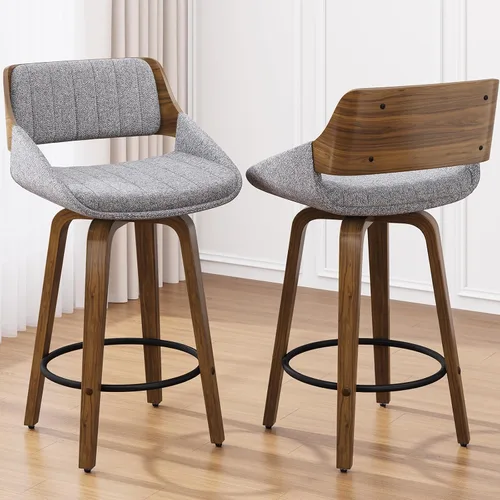 Vista 22 de Juego de taburetes de bar de 1, taburetes de bar giratorios de 26" de altura de mostrador con respaldo y patas de madera curvada de nogal, sillas