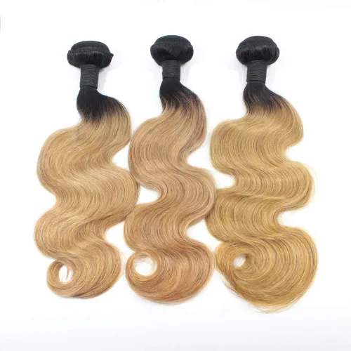 Vista 2 de 1B/27 rubio ombre brasileño virgen paquetes con cierres 4pcs lote cuerpo onda 12 con 10 pulgadas ombre encaje cierre con teje pelo