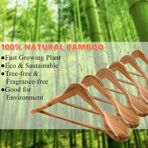 Vista 5 de Amber Home Paquete de 6 Perchas de Traje de Madera de Bambú Natural de Hombros Anchos, Perchas de Ropa de Bambú con Barra para Pantalones, Perchas