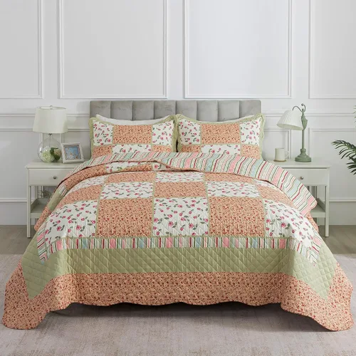 Vista 40 de Juego de cama de dos piezas, tamaño individual, de microfibra, reversible, de retazos, estilo floral, todas las estaciones, patrón de porcelana azul