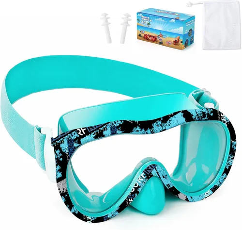 Vista 18 de Gafas de natación para niños con cubierta para la nariz, máscara de esnórquel panorámica de 180° con diseño antivaho y antifugas, correa de tela