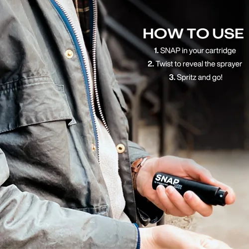 Vista 3 de SNAP Wellness On the Go - Desinfectante de manos tamaño de viaje, 0.5 onzas líquidas, 300 aerosoles por catridge, desinfectante líquido recargable