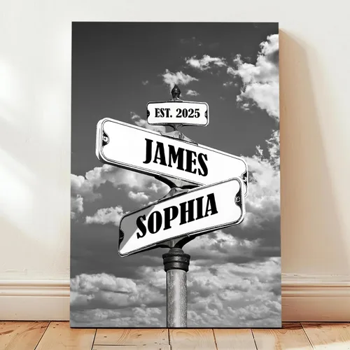 Vista 16 de Señal de calle vintage personalizada para parejas en lienzo, nombres y fecha personalizados, regalos de Navidad para ella o él, regalo del Día