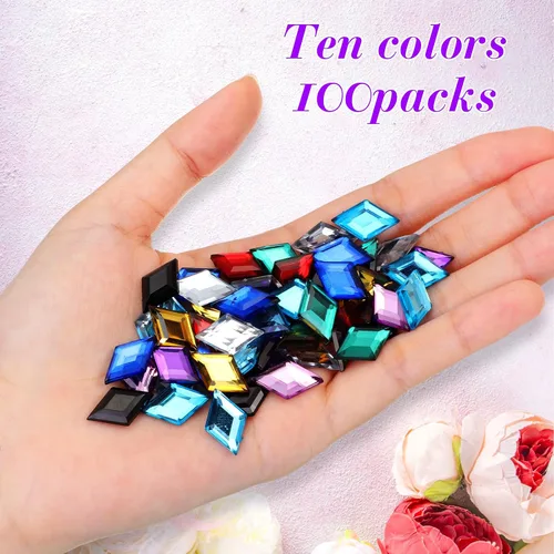 Vista 4 de 100 piezas de diamantes de imitación acrílicos con parte trasera plana, gemas de plástico para deslumbrar joyas acrílicas para hacer joyas