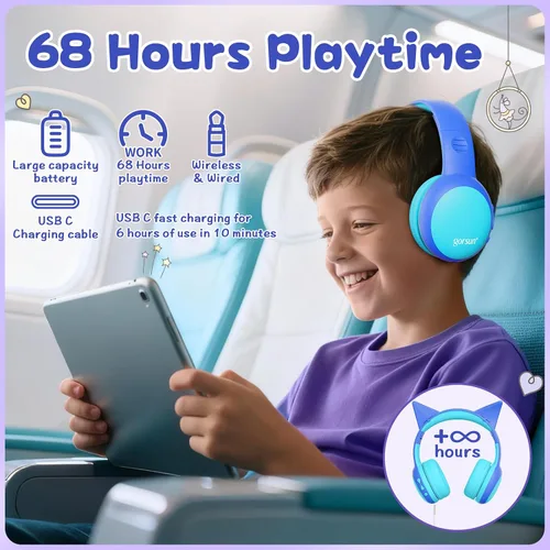 Vista 5 de Auriculares Bluetooth para Niños, Auriculares Over-Ear para Niños Pequeños con Micrófono, Volumen Limitado 85dB/94dB, 68H de Reproducción, Bluetooth
