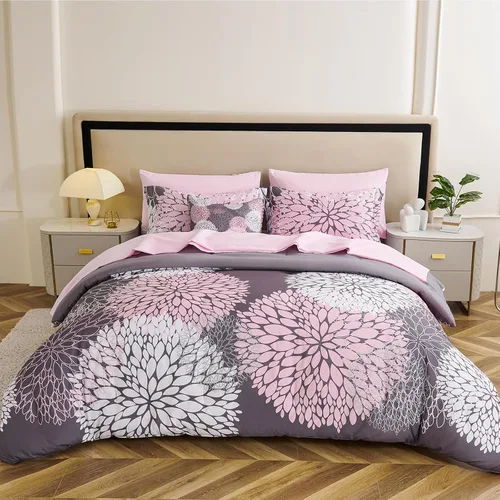 Vista 19 de Koniroom 6-Piece Pink Comforter Set Twin Size - Reversible Beige White Flower Bed in a Bag with Sheets, Pillowcases, Shams, and Decorative Pillow