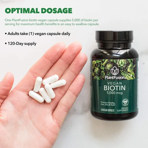 Vista 4 de PlantFusion Biotina vegana de biotina vegana prémium para mujeres y hombres (5000 mcg), vitaminas naturales para la piel y las uñas, 120 cápsulas