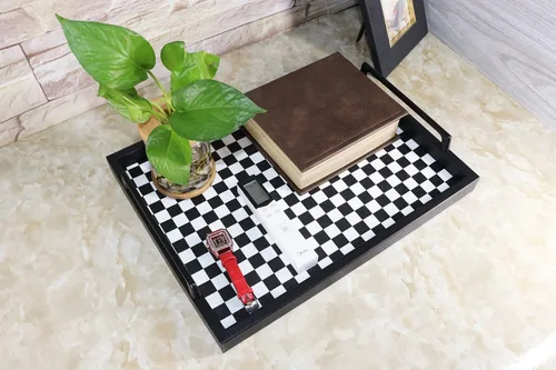 Vista 4 de MCBZ Bandeja decorativa para mesa de centro de sala de estar, bandeja de servicio de alimentos, bandeja otomana de cuero, con asas de metal de 16.5