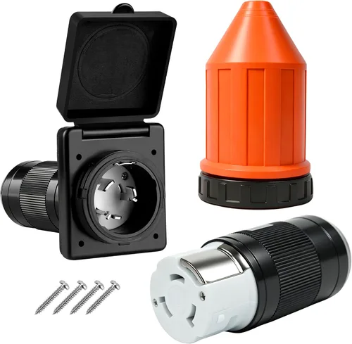 Vista 12 de Cable de alimentación de 30 AMP RV con tapa de bloqueo de arranque, conector de bloqueo giratorio hembra NEMA L5-30R de 125 V con cubierta naranja