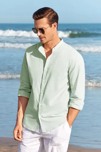 Vista 3 de Makkrom Camisa de lino para hombre, con botones, manga larga, algodón, cuello de banda de playa, camisas casuales de verano