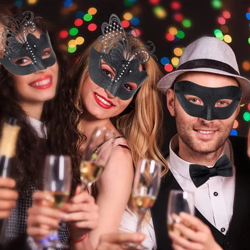 Vista 7 de IETANG Máscara de mascarada para parejas, juego de máscaras venecianas de Mardi Gras con collar y corbatín