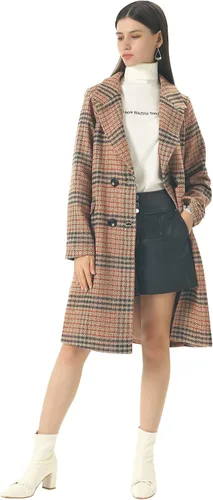 Vista 5 de Chartou Chaqueta larga de invierno con cuello de solapa de lana a cuadros de doble botonadura para mujer
