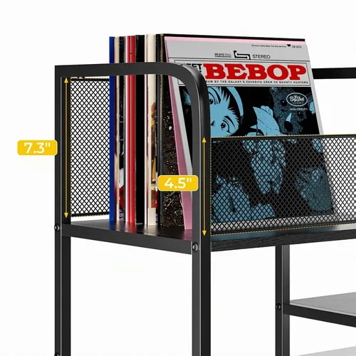 Vista 6 de Soporte para tocadiscos con luz LED, soporte para tocadiscos con almacenamiento de vinilo para más de 300 álbumes, gabinete multimedia de 3 niveles