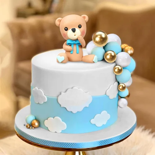 Vista 7 de Decoración para tartas de oso, decoración de pastel de oso con letras azules, esferas doradas y azules y blancas de perlas para suministros