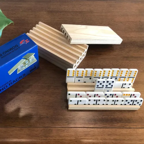 Vista 6 de Yuanhe Domino - Juego de 4 soportes de madera para azulejos mexicanos de tren rummy