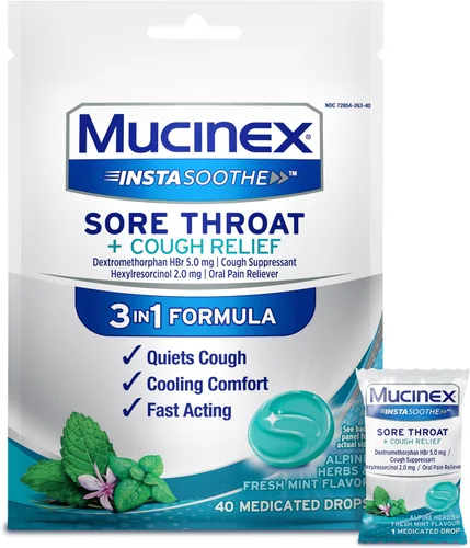 Vista 6 de Mucinex InstaSoothe Dolor de garganta + calmante sabor a miel y equinácea, acción rápida, potente analgésico oral para el dolor de garganta, 40